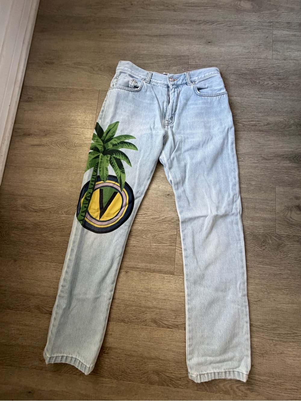 Versus Versace Light Blue Straight Jeans with Palm and Emblem